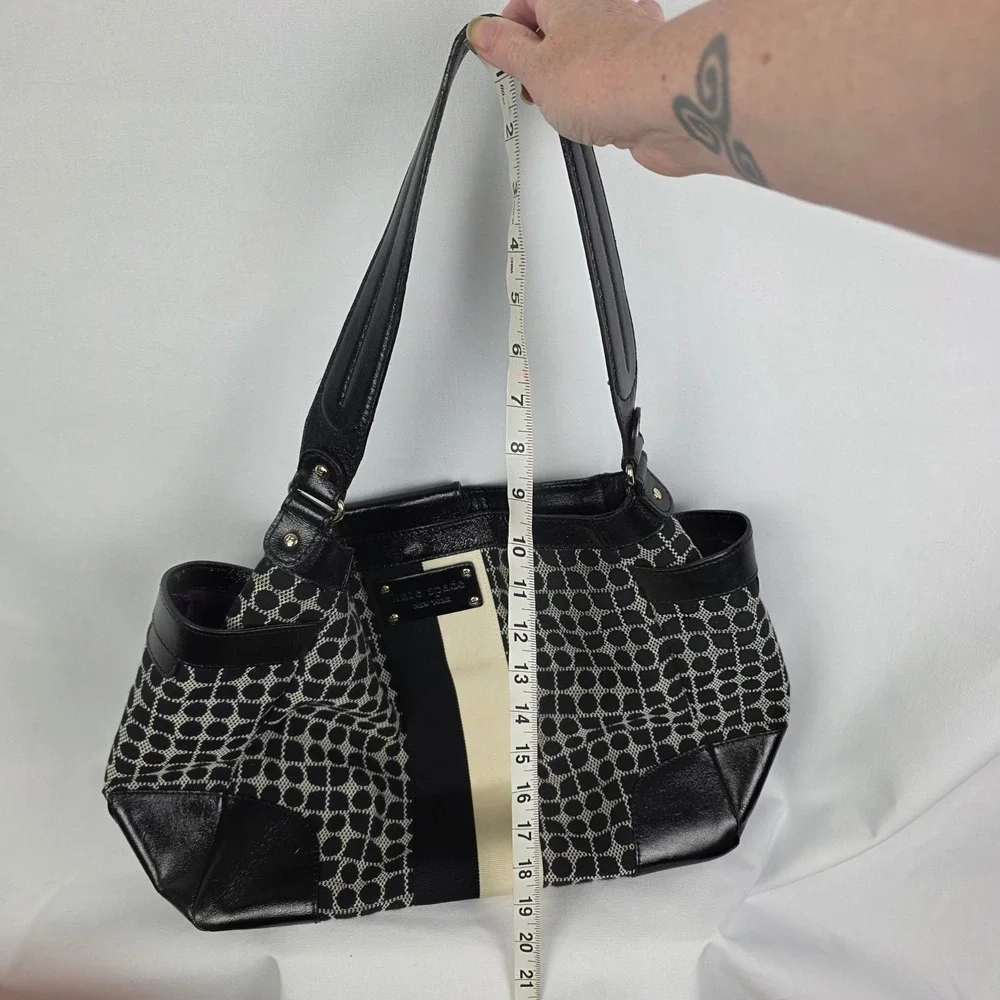 Kate Spade Black Cream‎ Spade Dot Jacquard Stripe Leather Trim Shoulder Bag Tote